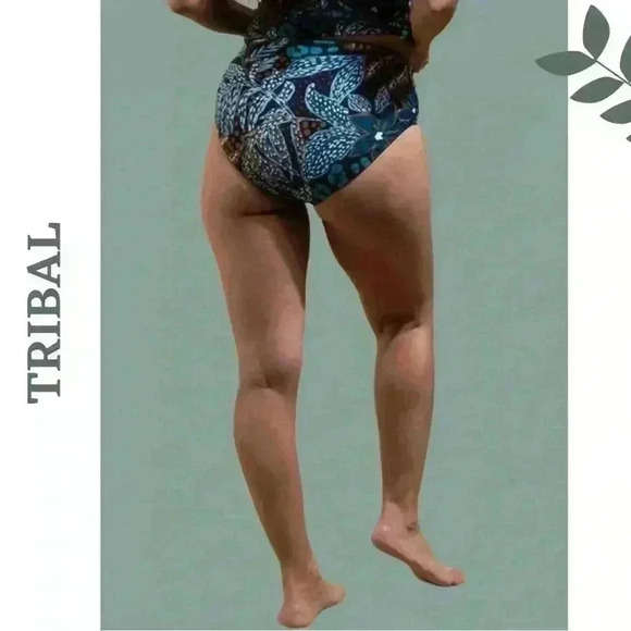Tribal Reversible High-Waist Bikini Bottoms UPF 50 Atlantic Black Blue Green - Picture 1 of 5